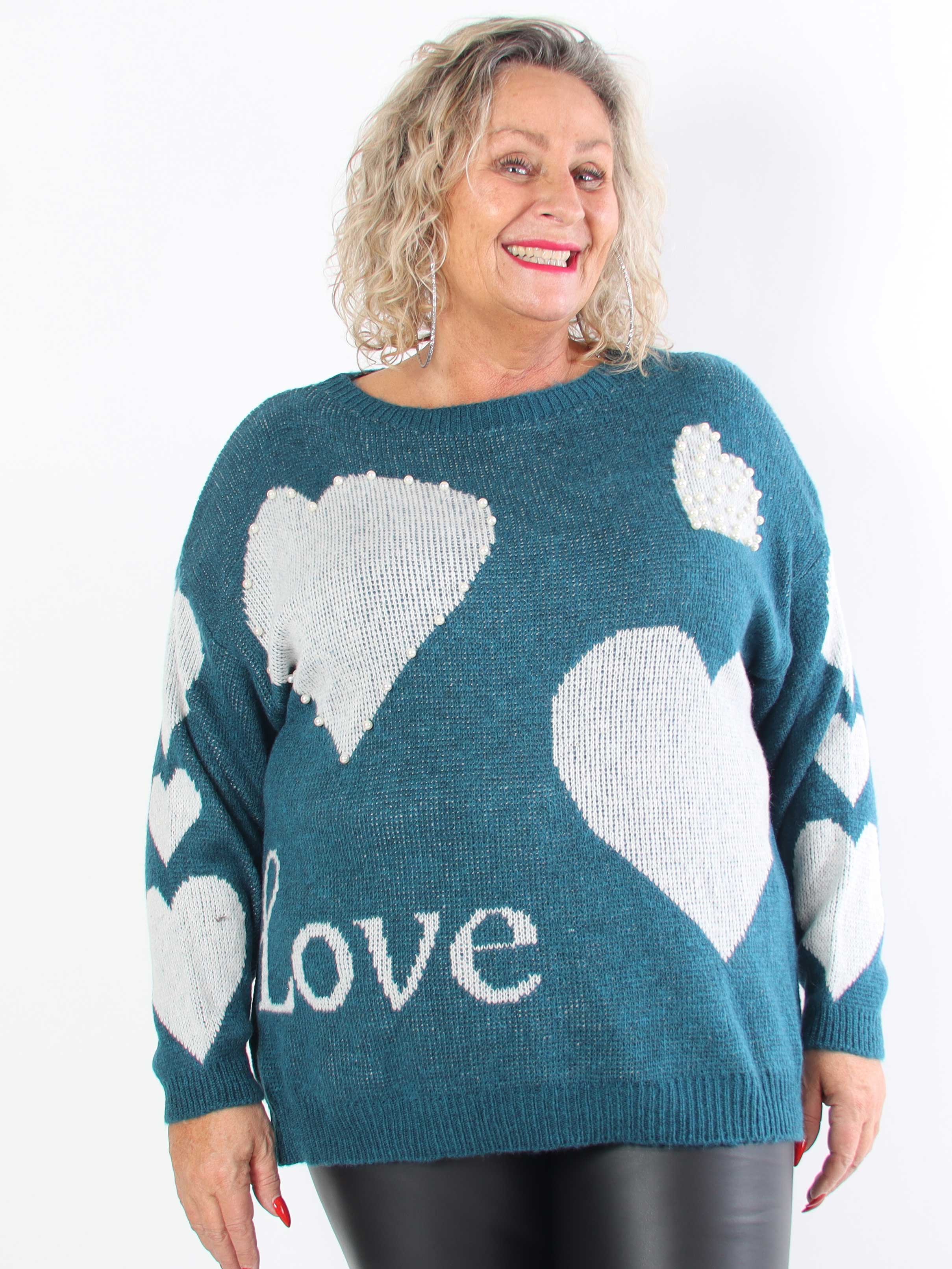 Valeria - Söt stickad tröja i plusstorlek med hjärtan och pärlor